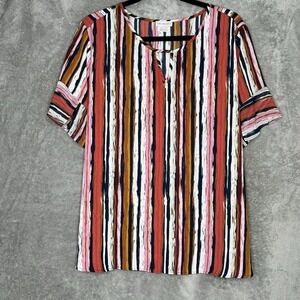 Van Heusen XL Shirt Top Pink Striped Flutter Short Sleeve Keyhole Scoop Neck